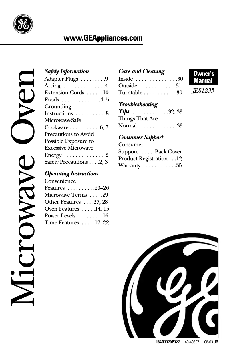 Page n°1 - Manuel utilisateur GE JES1235WF