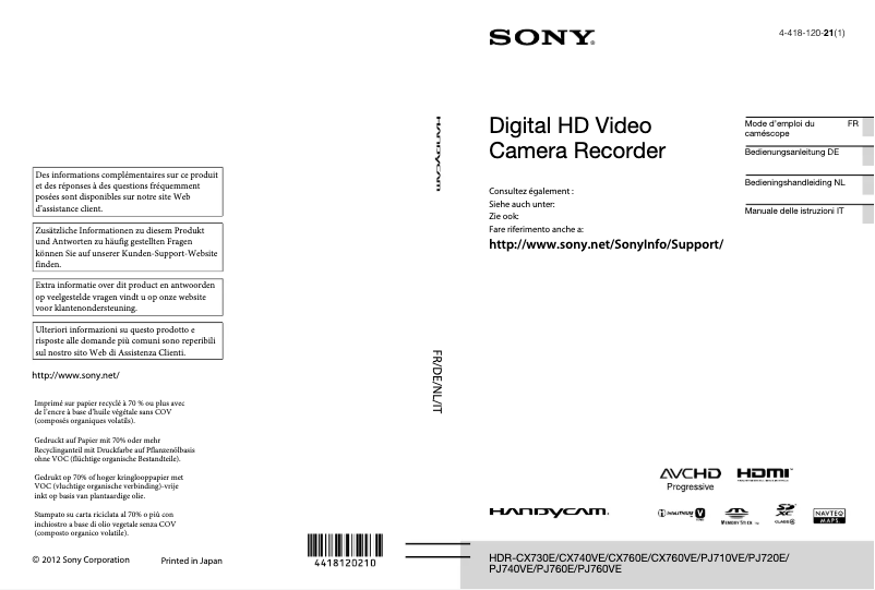 Page n°1 - Manuel utilisateur Sony HDR-PJ710VE