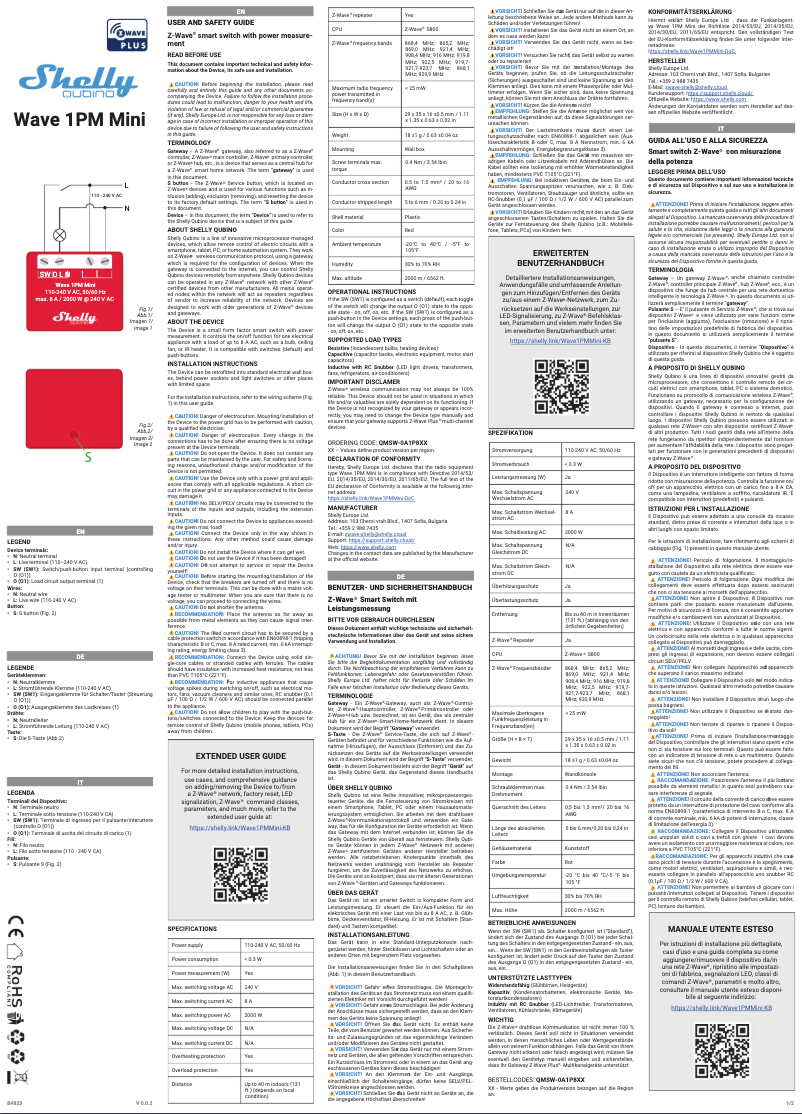 Page 1 de la notice Manuel utilisateur Shelly Qubino Wave 1PM Mini