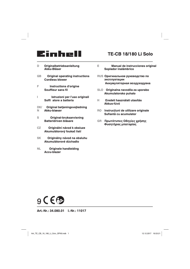 Page n°1 - Manuel utilisateur Einhell TE-CB 18/180 Li