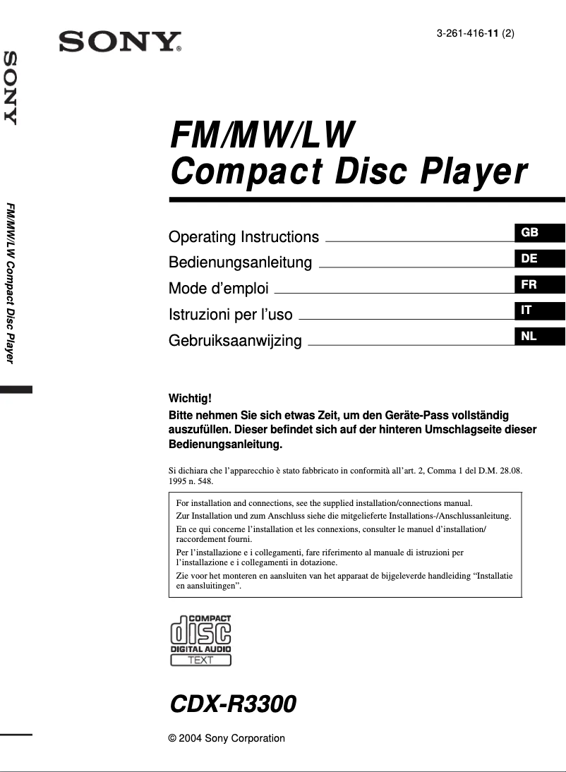 Page 1 de la notice Manuel utilisateur Sony CDX-R3300MP