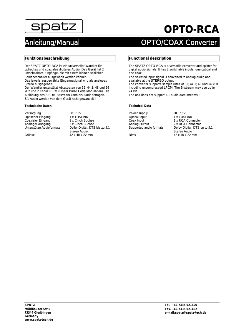 Page n°1 - Manuel utilisateur Spatz OPTO-RCA