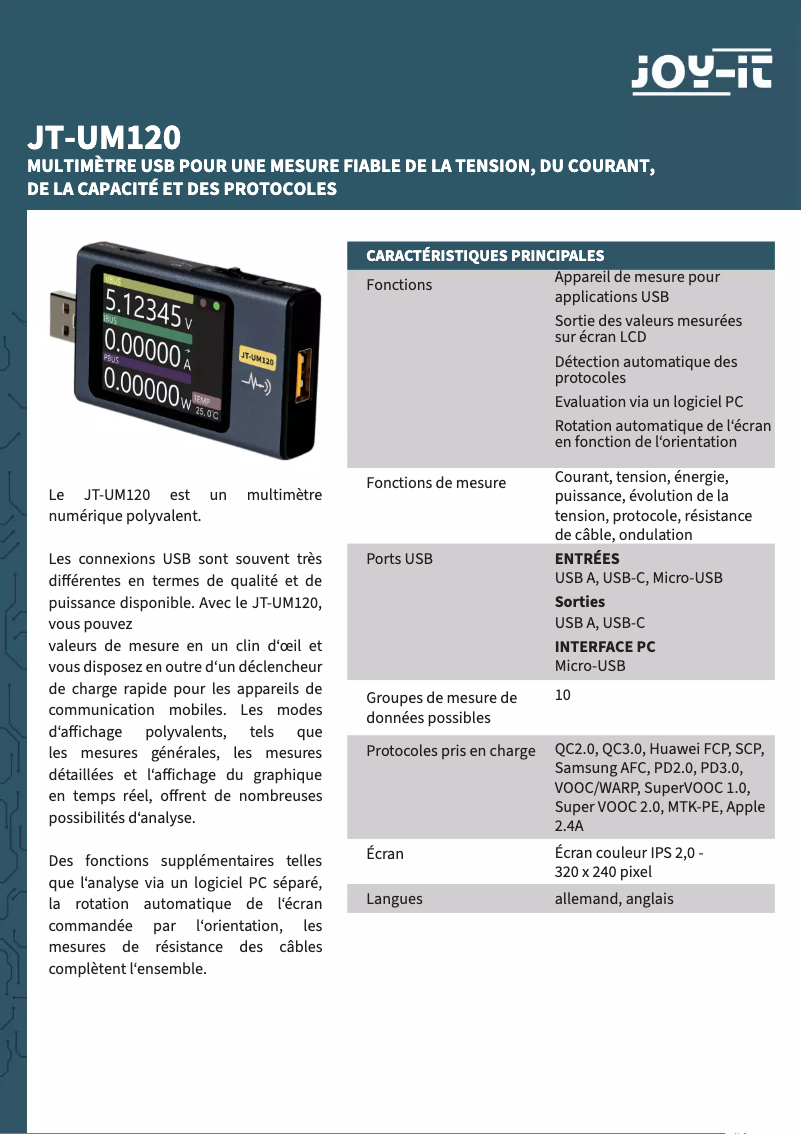 Page 1 de la notice Fiche technique Joy-It JT-UM120