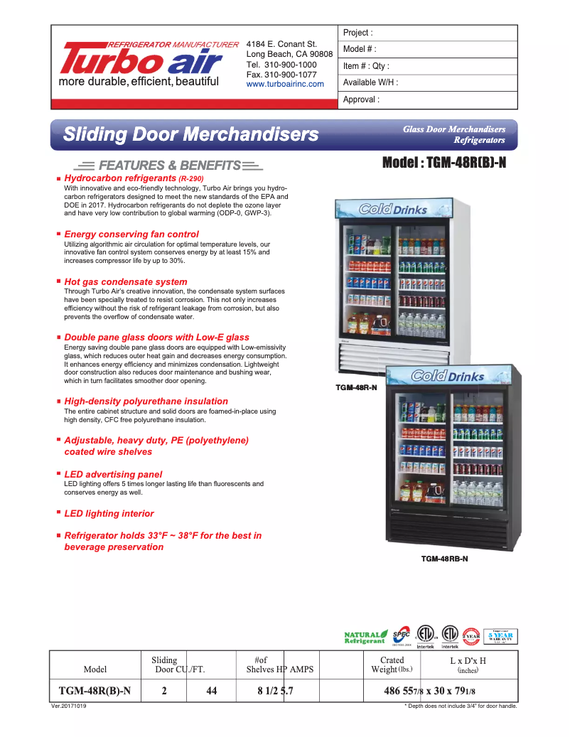 Page 1 de la notice Fiche technique Turbo air TGM-48R