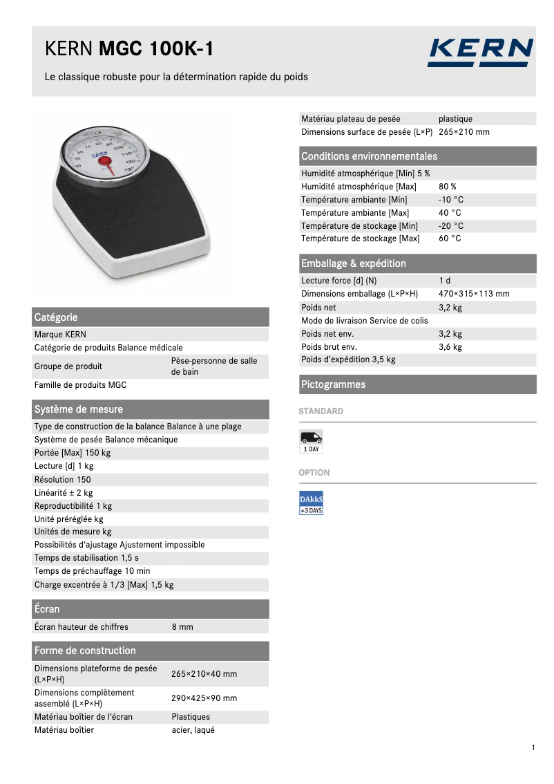 Page 1 de la notice Fiche technique Kern MGC 100K-1