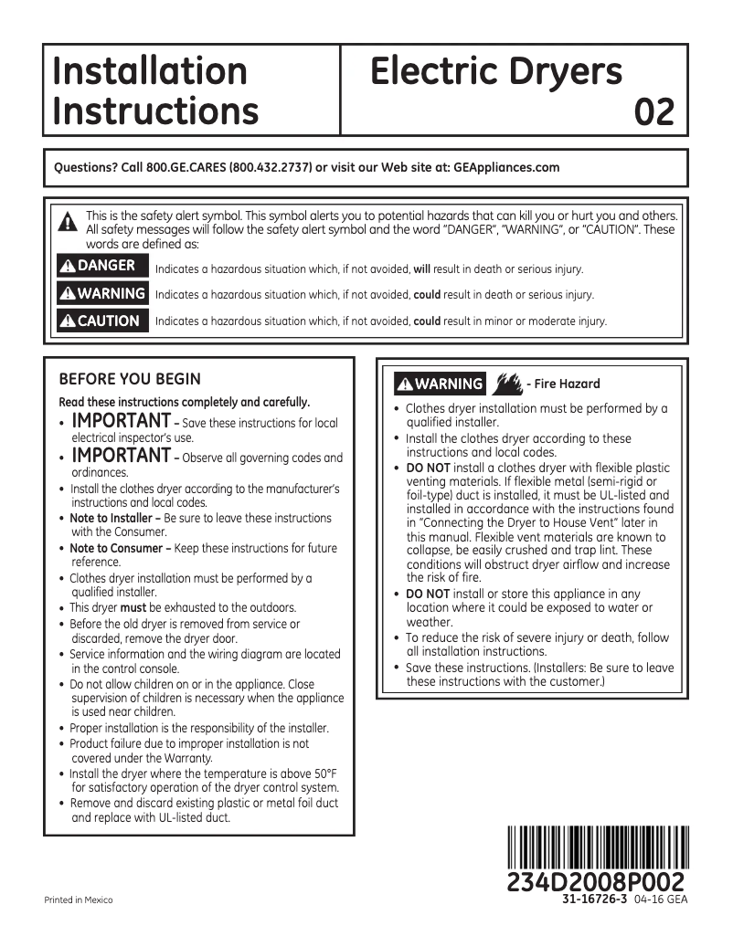 Page 1 de la notice Guide d'installation GE GFDL110EHWW
