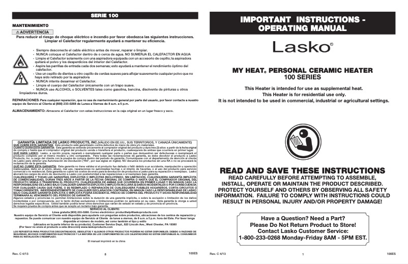 Page 1 de la notice Manuel utilisateur Lasko MyHeat 102