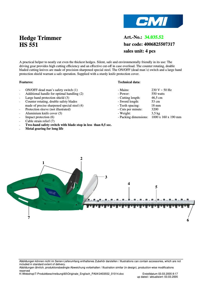 Page n°1 - Fiche technique CMI HS 550/1