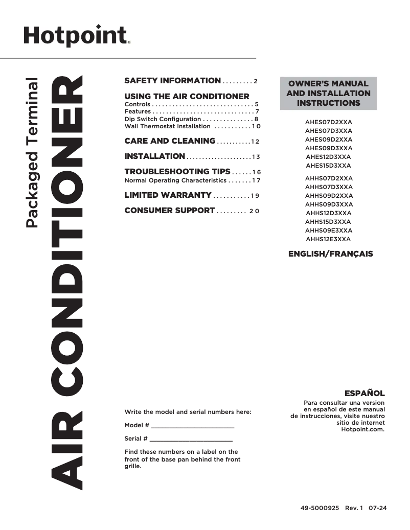Page 1 de la notice Guide d'installation Hotpoint AHES09D2XXA
