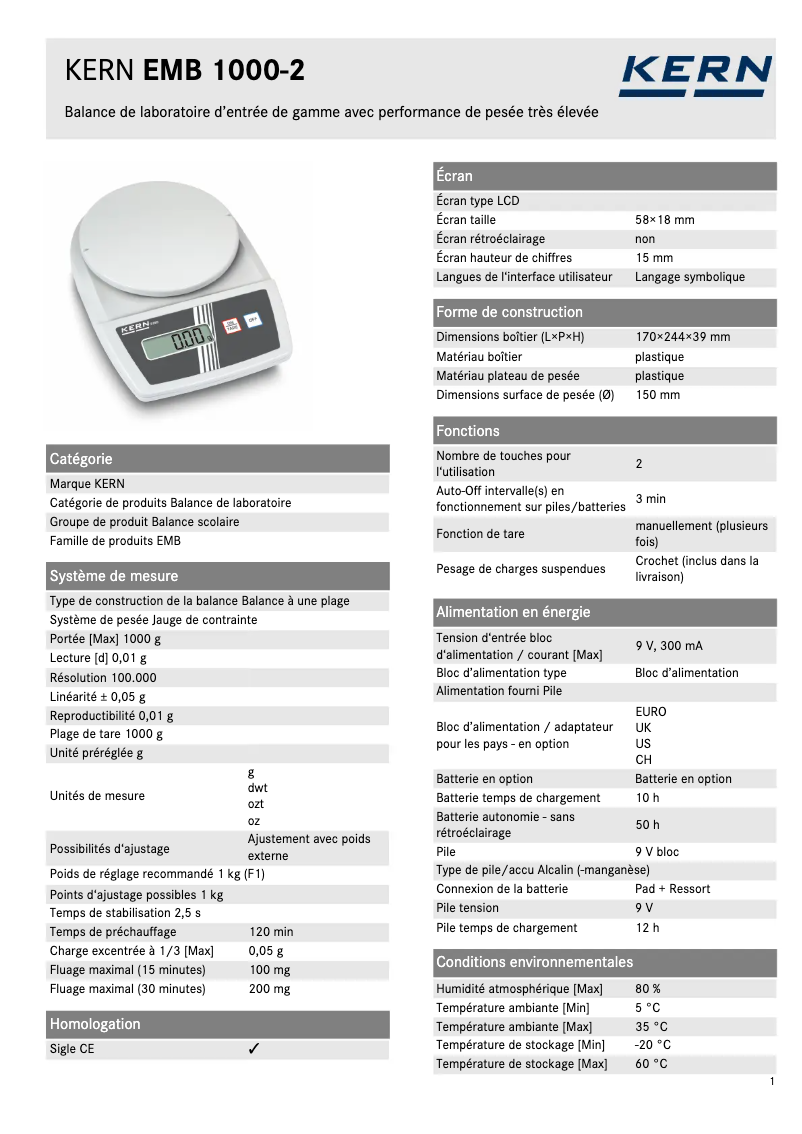 Page 1 de la notice Fiche technique Kern EMB 1000-2