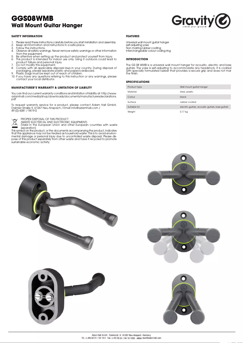Page n°1 - Manuel utilisateur Gravity GS 08 WMB