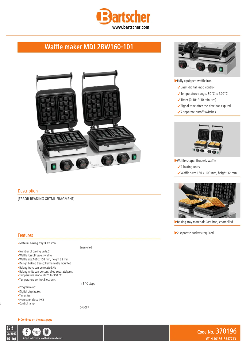 Página 1 del manual Ficha técnica Bartscher MDI 2BW160