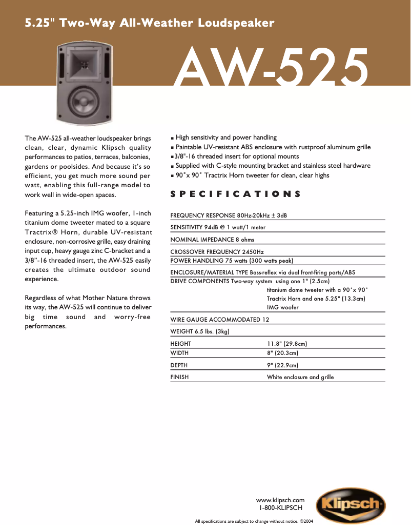 Page n°1 - Fiche technique Klipsch AW-525