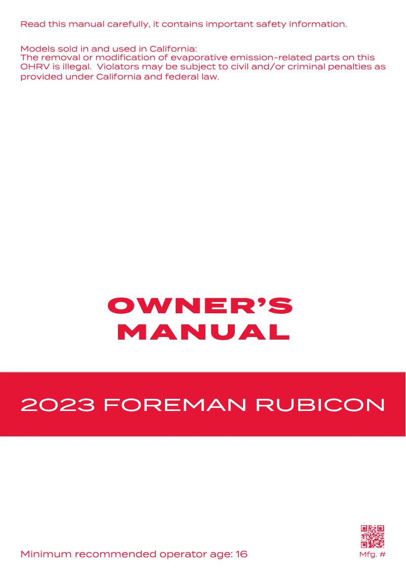 Image de la première page du manuel de l'appareil Fourtrax Foreman Rubicon 4X4 (2023)