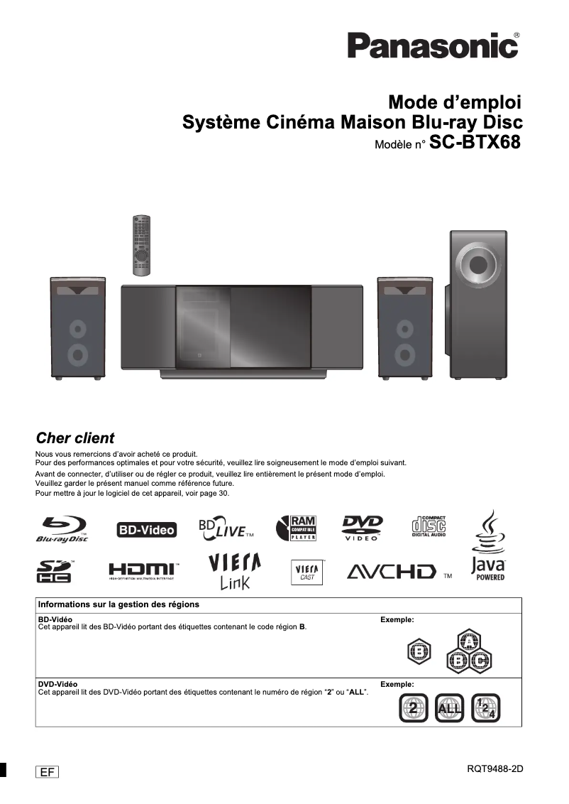 Page 1 de la notice Manuel utilisateur Panasonic SC-BTX68