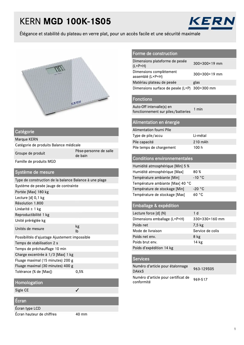 Page 1 de la notice Fiche technique Kern MGD 100K-1S05
