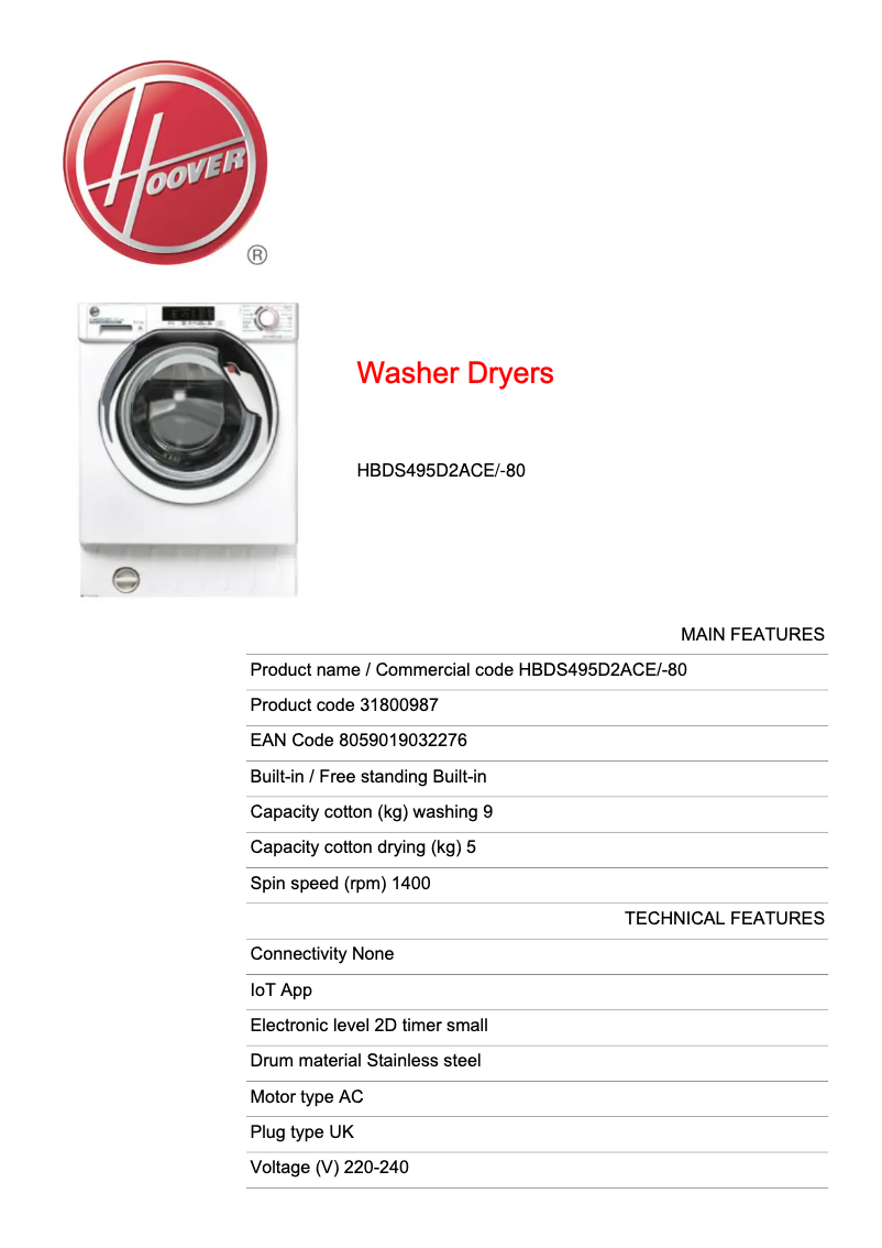 Page n°1 - Fiche technique Hoover H-WASH 300 LITE HBDS495D2ACE/-80