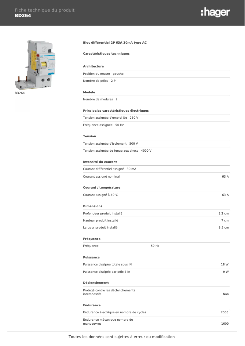 Page n°1 - Fiche technique Hager BD264