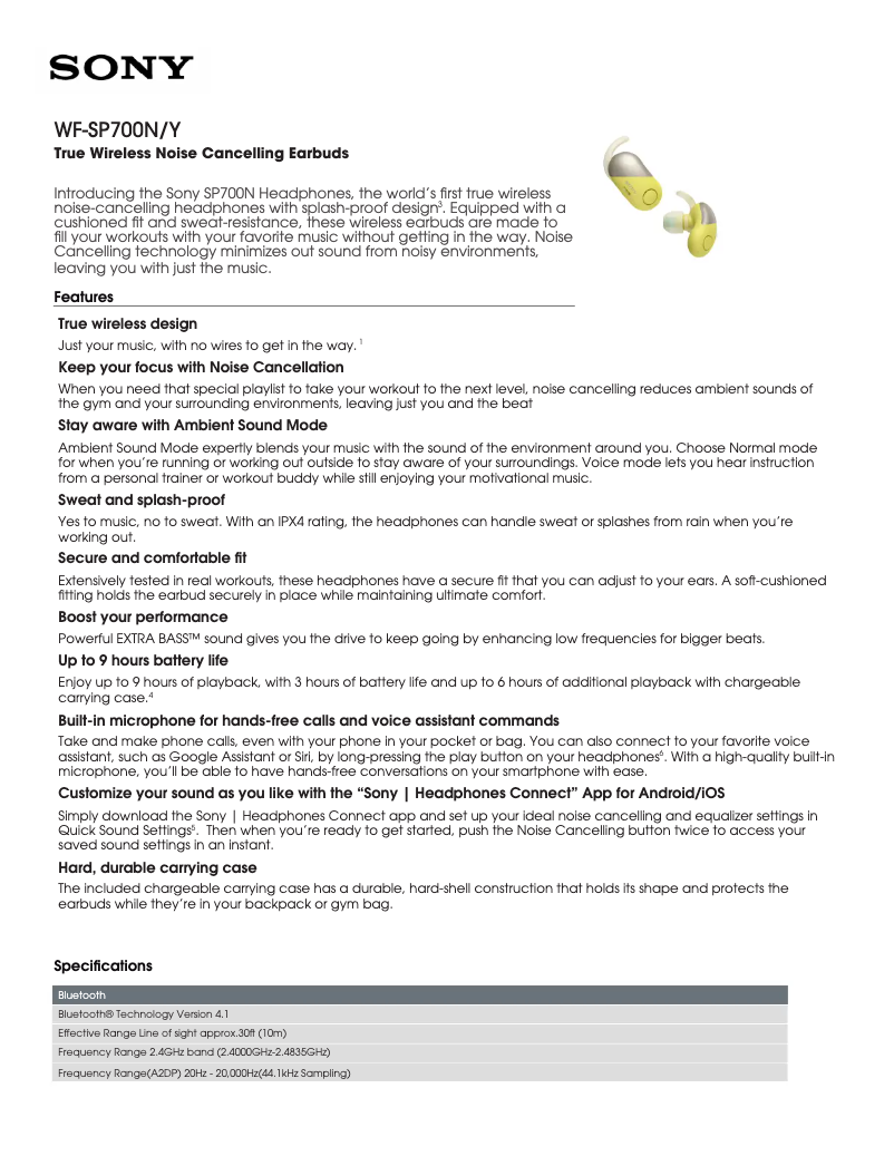 Page 1 de la notice Fiche technique Sony WF-SP700N
