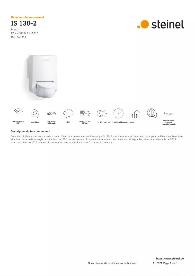 Page 1 de la notice Fiche technique Steinel IS 130