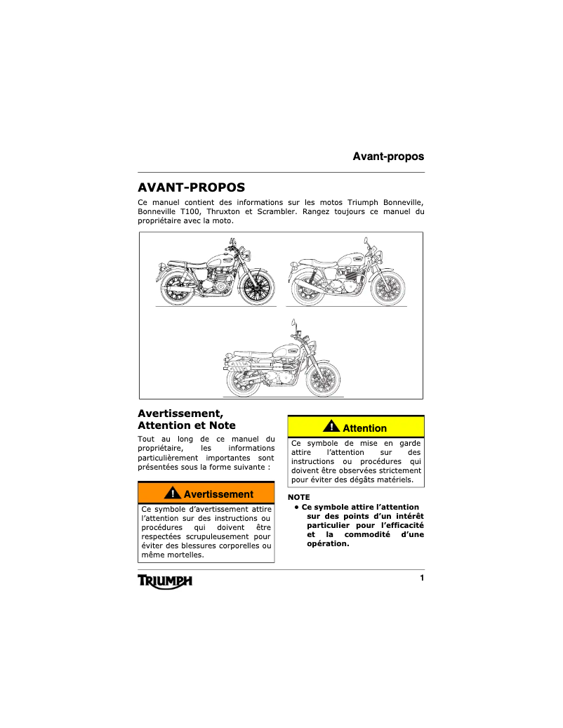 Page n°1 - Manuel utilisateur Triumph Bonneville (2001)
