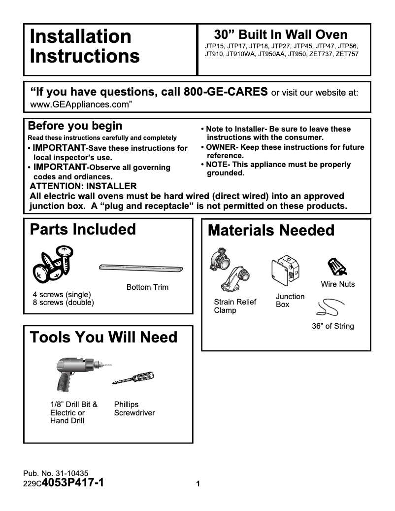 Page 1 of the manual Installation Guide GE Profile JTP56WAWW