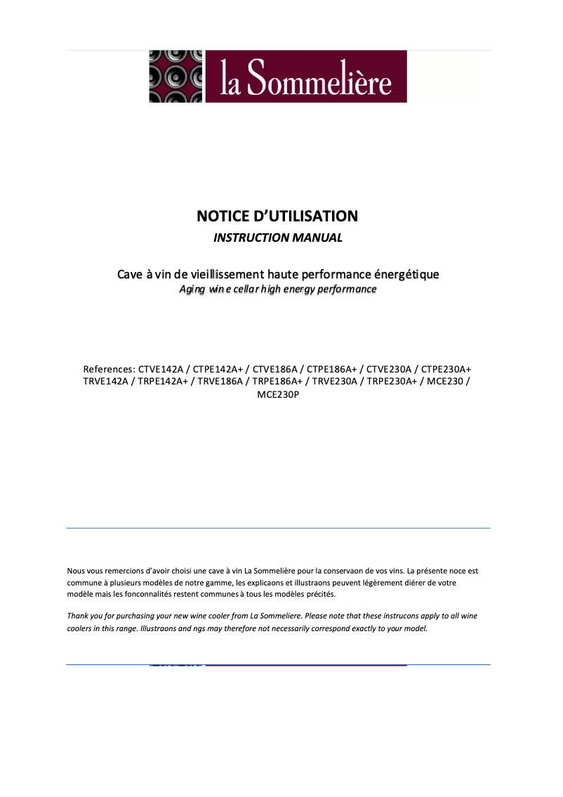 Page 1 de la notice Manuel utilisateur La Sommelière MCE230