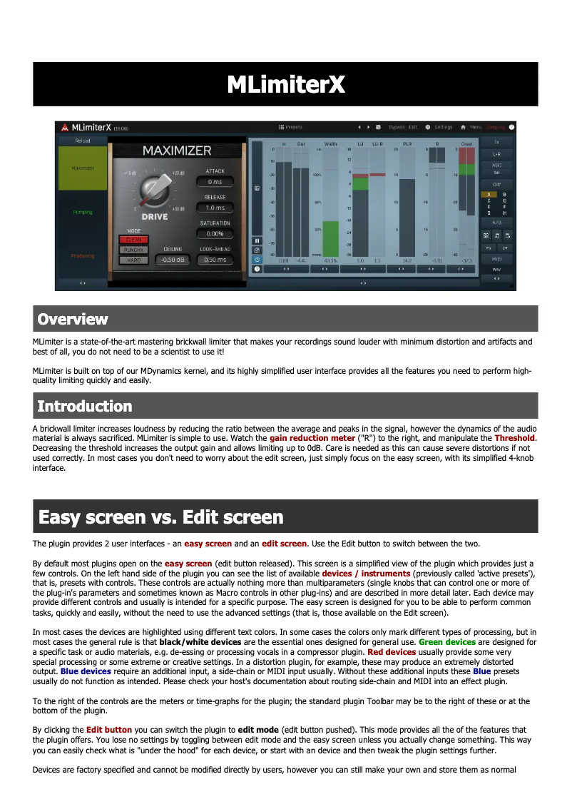 Page 1 de la notice Manuel utilisateur MeldaProduction MLimiterX