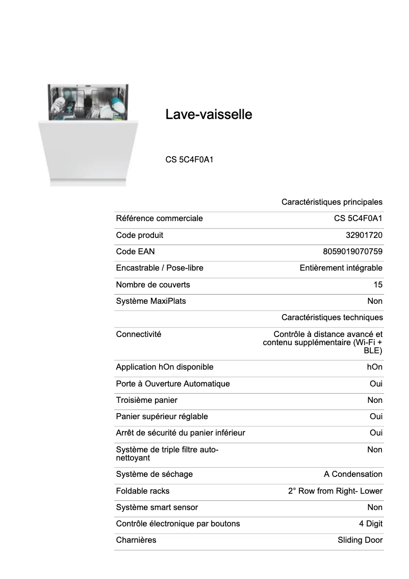 Page 1 de la notice Fiche technique Candy CS 5C4F0A1