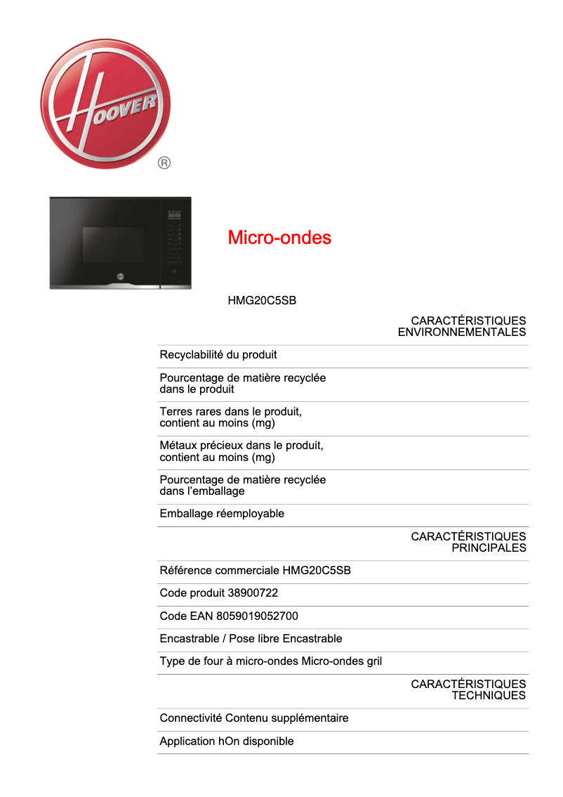 Page 1 de la notice Fiche technique Hoover HMG20C5SB