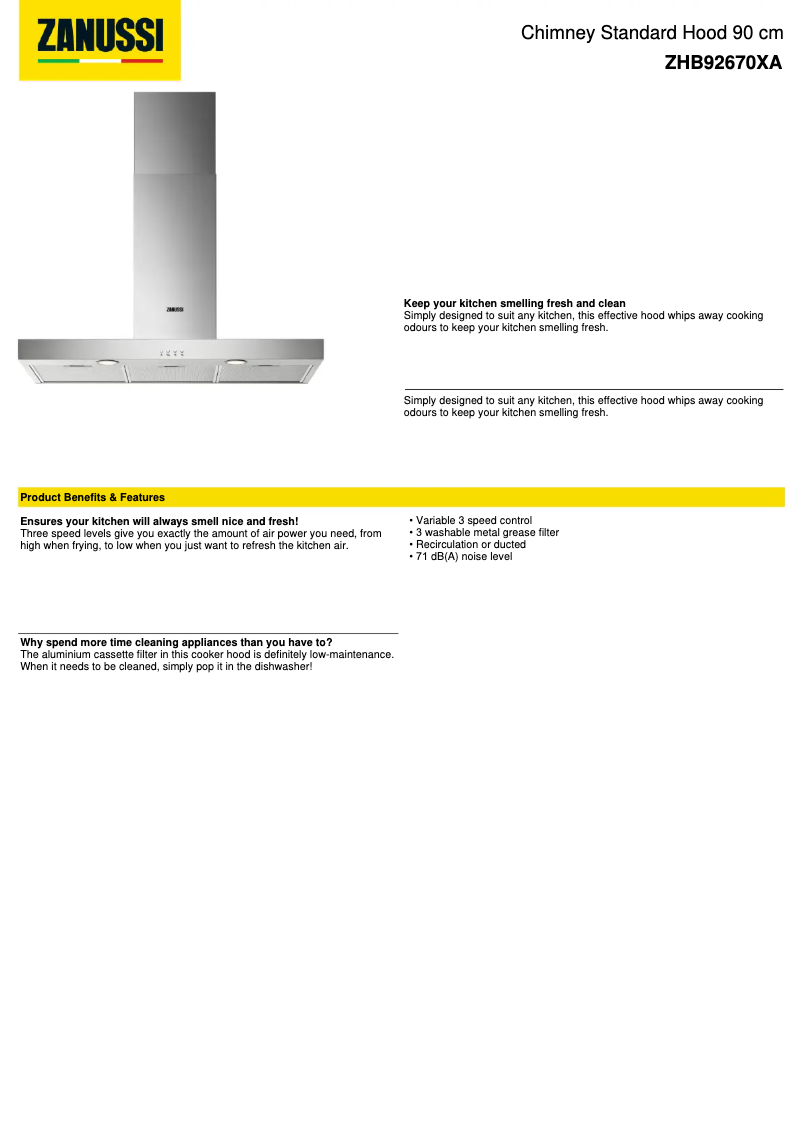 Page 1 de la notice Fiche technique Zanussi ZHB92670XA