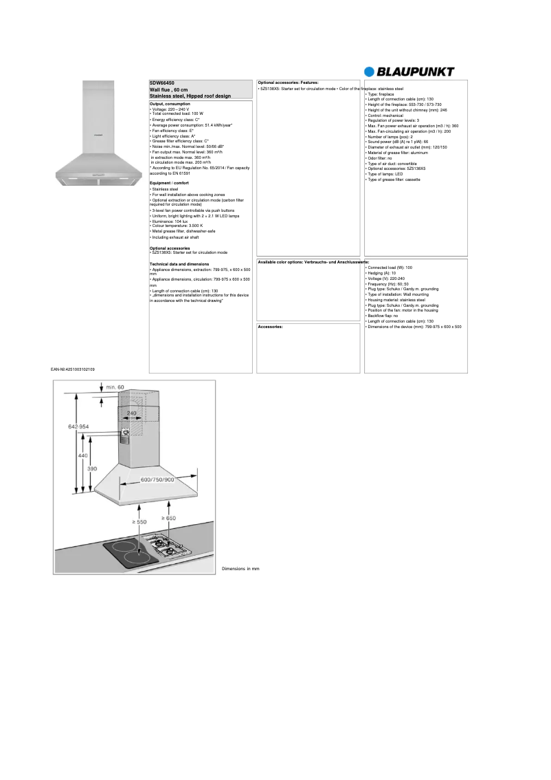 Page n°1 - Fiche technique Blaupunkt 5DW66450