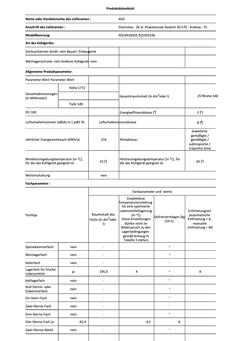 Page n°1 - Fiche technique AEG NSC6N183ES