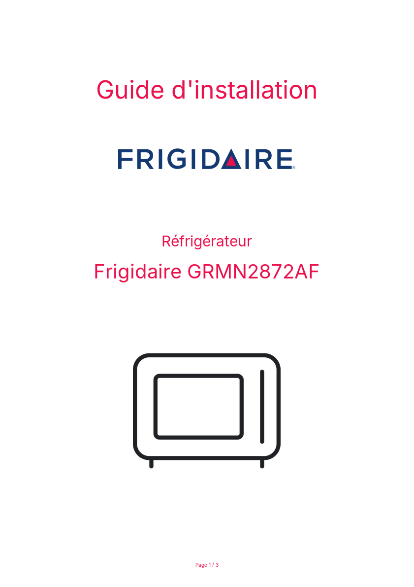 Page n°1 - Guide d'installation Frigidaire GRMN2872AF