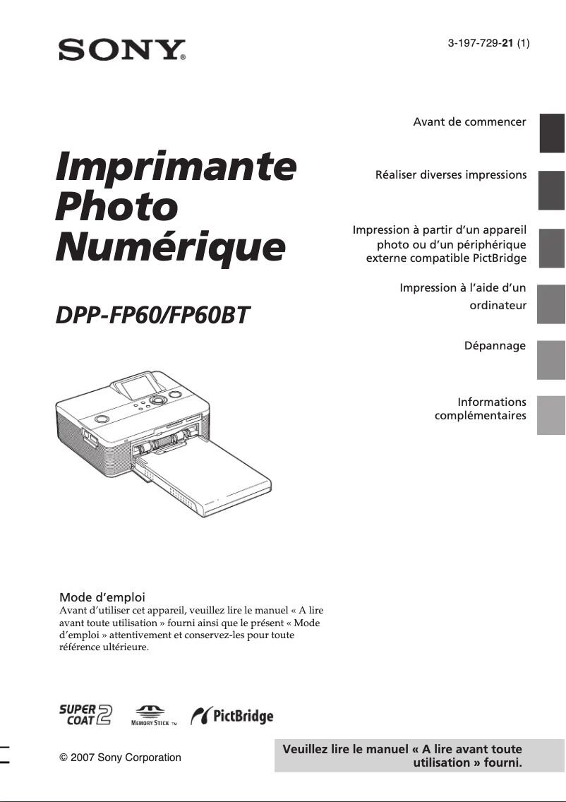Page 1 de la notice Manuel utilisateur Sony DPP-FP60BT