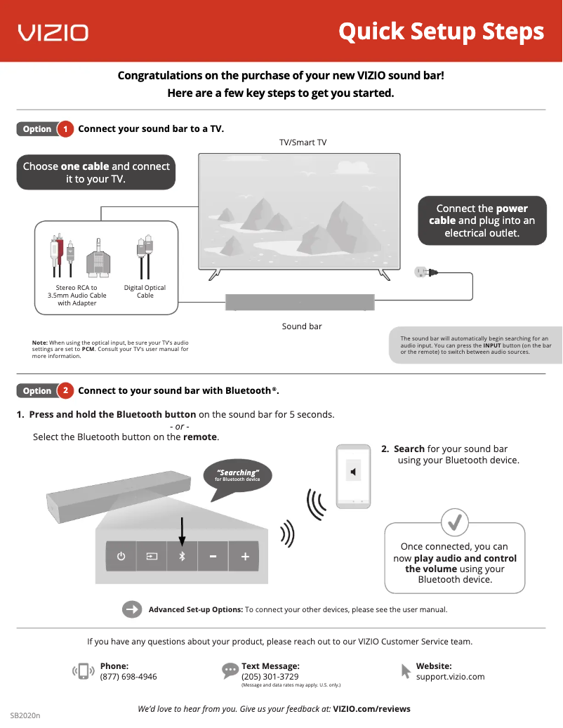 Page 1 de la notice Guide de démarrage rapide VIZIO SB2020N-G6