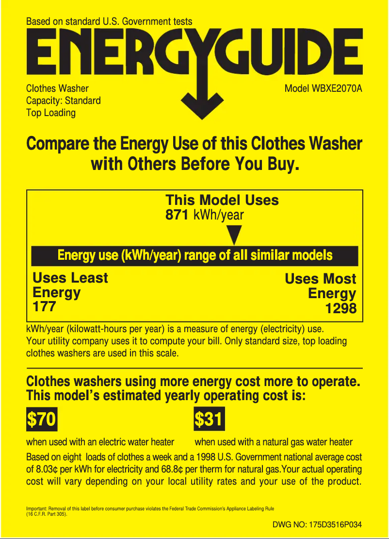 Page n°1 - Label énergétique GE WBXE2070AWW