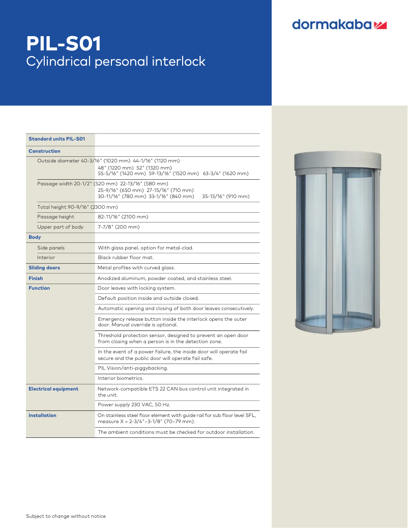 Page 1 de la notice Manuel utilisateur Dormakaba PIL-S01