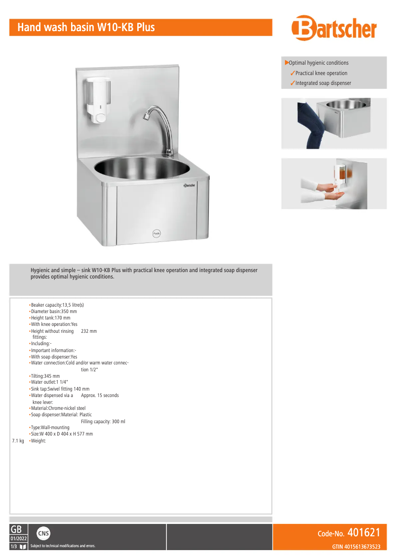 Page n°1 - Fiche technique Bartscher W10-KB Plus