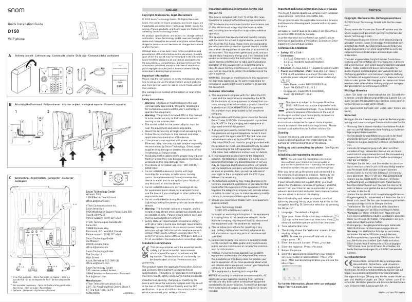 Page 1 de la notice Manuel utilisateur Snom D150