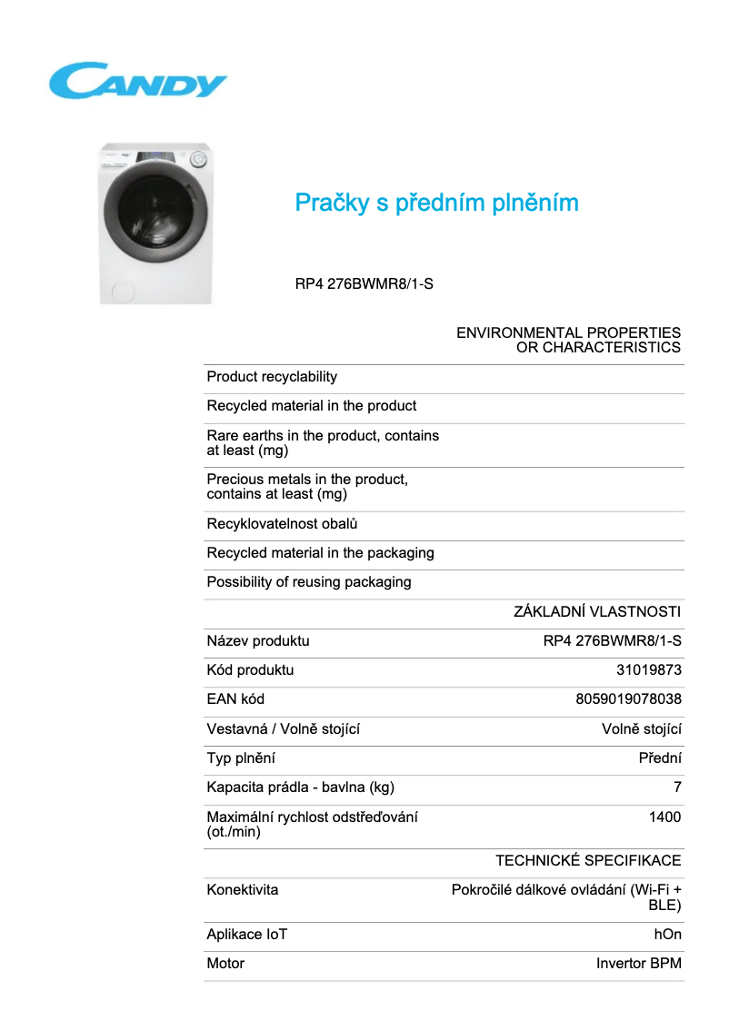 Page 1 de la notice Fiche technique Candy RP4 276BWMR8/1-S