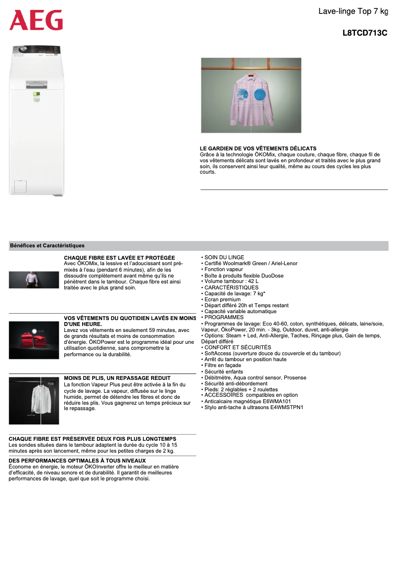 Página 1 del manual Ficha técnica AEG L8TCD713C