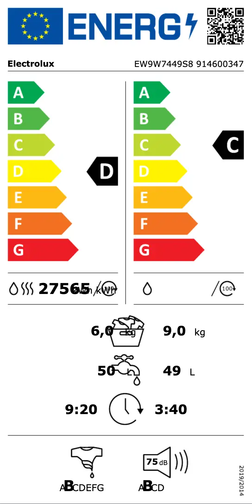 Page 1 de la notice Label énergétique Electrolux EW9W7449S8