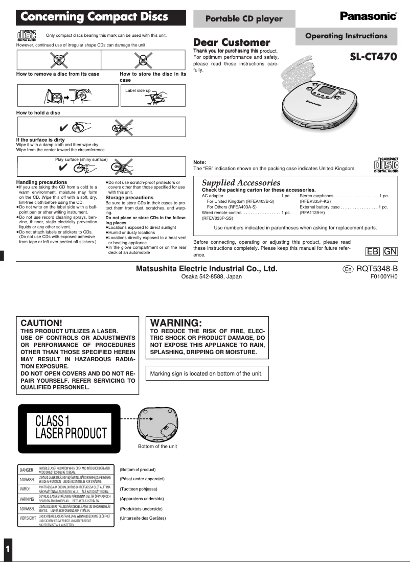 Page 1 de la notice Manuel utilisateur Panasonic SL-CT470