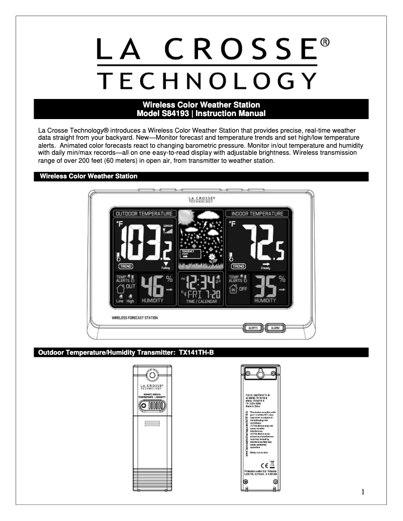 Page n°1 - Manuel utilisateur La Crosse Technology S84193