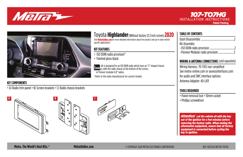 Page n°1 - Guide d'installation Metra 107-TO7HG