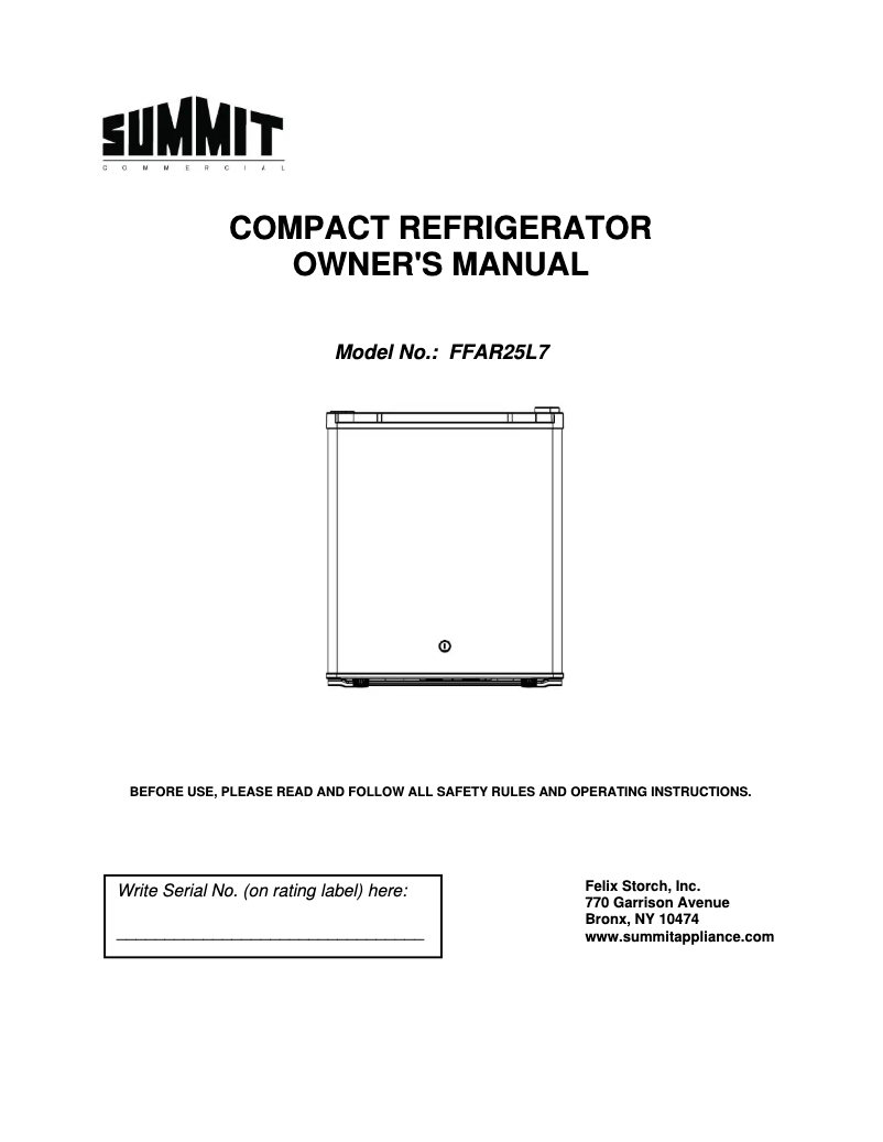 Page 1 de la notice Manuel utilisateur Summit FFAR25L7