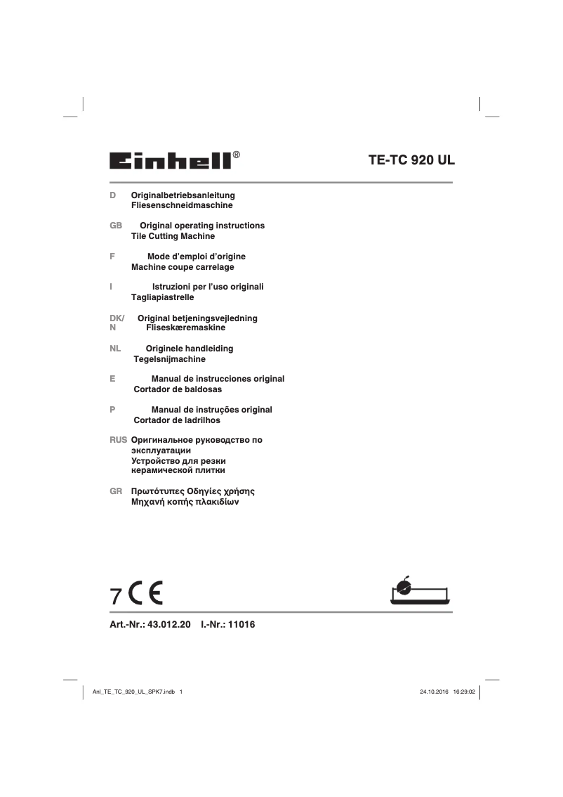 Page 1 de la notice Manuel utilisateur Einhell TE-TC 920 UL