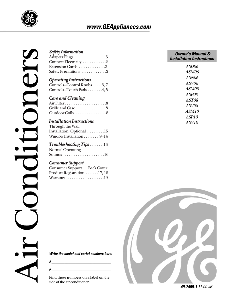 Page n°1 - Manuel d'utilisation et d'entretien GE ASM10AC