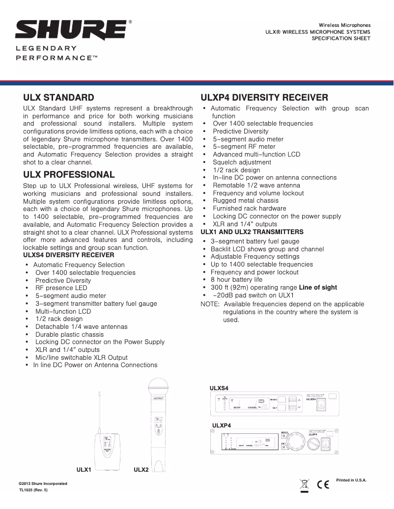 Página 1 del manual Ficha técnica Shure ULX Wireless System